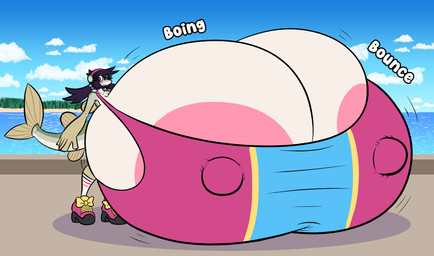 anthro areola areola_slip big_breasts blush bouncing_breasts breasts bulging_breasts cleavage clothed clothing electronics female fish_tail green_body hair headphones huge_breasts hyper hyper_breasts nipple_outline non-mammal_breasts outside purple_eyes purple_hair sea shirt solo sound_effects tank_top text topwear water sprucy aquatic fish smelt_(fish) english_text hi_res