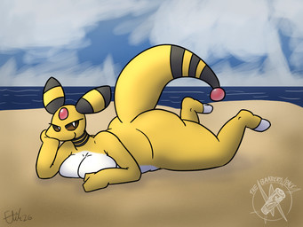 anthro beach breasts female looking_at_viewer lying nude on_front sea solo water eliktroniq nintendo pokemon ampharos generation_2_pokemon pokemon_(species) 4:3 absurd_res hi_res