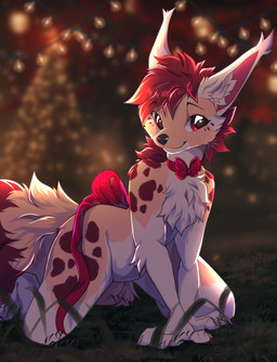 accessory anthro big_ears blurred_background bokeh bow_tie christmas_decorations christmas_lights christmas_tree collar eye_contact eyebrows fluffy fluffy_tail fur hair happy holidays light looking_at_another looking_at_viewer looking_back male markings pink_eyes plant red_bow_tie red_hair red_ribbon red_spots smile solo spots spotted_body spotted_fur string_lights tail tree white_body white_fur shyryp christmas canid canine mammal absurd_res digital_media_(artwork) hi_res signature