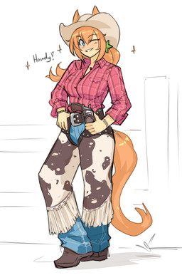 animal_print belt belt_buckle blue_bottomwear blue_clothing blue_eyes blue_pants bottomwear breasts brown_clothing brown_footwear brown_shoes buckle chaps clothed clothed_female clothed_humanoid clothing cow_print cowboy cowboy_hat female footwear fully_clothed fully_clothed_female fully_clothed_humanoid greeting_viewer grin grinning_at_viewer gun hair handgun hat headgear headwear holster holstered_revolver looking_at_viewer one_eye_closed orange_hair orange_tail pants pattern_clothing pattern_shirt pattern_topwear pink_clothing pink_shirt pink_topwear plaid plaid_clothing plaid_shirt plaid_topwear ranged_weapon revolver shirt shoes smile smiling_at_viewer solo standing tail talking_to_viewer topwear weapon wink winking_at_viewer 427deer cygames uma_musume_pretty_derby taiki_shuttle_(pretty_derby) animal_humanoid equid equid_humanoid equine equine_humanoid horse_humanoid humanoid mammal mammal_humanoid 2025 absurd_res full-length_portrait hi_res portrait