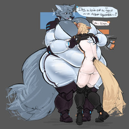 anthro big_breasts big_tail bodysuit boots breasts clothing duo face_in_breasts female fluffy fluffy_tail footwear fur grey_body grey_fur hug huge_breasts huge_hips huge_thighs larger_female male male/female obese obese_anthro obese_female overweight overweight_anthro overweight_female shoes size_difference skinsuit smaller_male smile tail tan_body tan_fur thick_thighs tight_clothing wide_hips s_miles_art canid canine canis mammal wolf hi_res