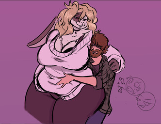 anthro beard big_breasts blonde_hair bone bra breasts brown_hair buckteeth clothing duo emoji facial_hair female female_on_human hair hand_on_belly hidden_eyes huge_breasts human_on_anthro interspecies looking_at_another looking_back male male/female male_on_anthro on_lap overweight overweight_anthro overweight_female red_eyes sitting_on_lap sweater teeth thick_thighs topwear underwear ironwill coda_(vn) claire_whitney_(coda) human lagomorph leporid mammal rabbit