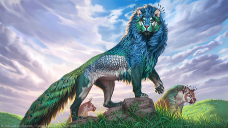 ambiguous_gender blue_mane cloud day feathers feral grass group mane outside pawpads peacock_feather plant solo_focus tail whiskers caraid tales_of_fablecraft avian bird felid galliform hybrid mammal peafowl phasianid 16:9 2023 digital_media_(artwork) hi_res official_art widescreen