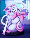 4_toes ambiguous_gender cleaning_tool feet feral open_mouth paws ribbons sitting solo stuck toes vacuum_cleaner visionaryserpent nintendo pokemon roomba eeveelution generation_6_pokemon mammal pokemon_(species) sylveon 2022 absurd_res hi_res