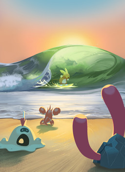 3_fingers 3_toes ambiguous_anthro ambiguous_feral ambiguous_gender anthro beach beady_eyes blue_body blue_eyes blue_skin brown_nose cheek_spots clear_sky featureless_crotch feet feral fingers fur grey_tail group light long_tail looking_at_another multicolored_body multicolored_fur open_mouth open_smile orange_body orange_fur orange_sky outside pincers pink_body pink_eyes pink_skin quadruped red_body red_tail rock sand seaside semi-anthro shovel sky smile standing sun sunset surfing swimming tail tan_body tan_eyes toes tools wave yellow_ears inkarat_mittongtare nintendo pokemon alolan_form alolan_raichu corphish finizen generation_3_pokemon generation_7_pokemon generation_9_pokemon kyogre legendary_pokemon pokemon_(species) regional_form_(pokemon) sandygast wugtrio 2026 absurd_res clip_studio_paint_(artwork) colored digital_drawing_(artwork) digital_media_(artwork) english_description hi_res lighting shaded