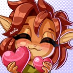 :3 anthro blush brown_body brown_fur brown_hair eyebrows eyelashes eyes_closed female fur hair heart_symbol holding_heart short_hair smile solo tan_body tan_fur arsbin activision spyro_the_dragon elora faun_(spyro) mammal 1:1 2024 bust_portrait portrait