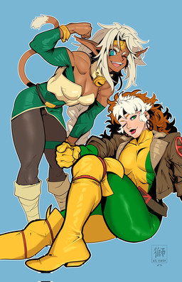 black_clothing black_ear_ring black_leggings black_legwear blue_background blue_eyes boots breasts brown_body brown_clothing brown_hair brown_jacket brown_skin brown_topwear cjk_character cleavage clothed clothing duo ear_piercing ear_ring eyebrows female fist flexing flexing_bicep footwear gesture gloves green_eyes grey_hair hair hand_gesture handwear jacket leggings legwear looking_at_viewer looming_over one_eye_closed open_mouth piercing pointing pointing_at_viewer pointy_ears ring_piercing shoes showing_off_muscles simple_background sitting sitting_on_ground standing topwear uniform voice_actor_joke white_eyebrows white_tip_tail wink winking_at_viewer yellow_boots yellow_clothing yellow_footwear yellow_gloves yellow_handwear aaron_bissessar marvel marvel_rivals outlaw_star x-men aisha_clanclan rogue_(marvel) animal_humanoid ctarl-ctarl felid felid_humanoid human humanoid mammal mammal_humanoid mutant_(x-men) 2025 crossover digital_drawing_(artwork) digital_media_(artwork) english_description hi_res signature