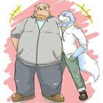 1:1 2012 anthro blue_body blue_fur blush bottomwear brown_body brown_fur canid canine canis clothing domestic_dog duo emufu eyes_closed fur hug humanoid_hands kemono male male/male mammal overweight overweight_male pants shirt topwear white_body white_fur