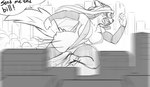 anthro bikini biped city clothing dialogue female hair long_hair macro motion_blur nipple_outline one-piece_swimsuit open_mouth running sling_bikini solo speech_bubble superhero swimwear text two-piece_swimsuit shnider she-rex canid canine mammal 2021 absurd_res english_text greyscale hi_res monochrome sketch