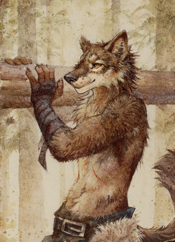 anthro belt black_belt black_nose blue_bottomwear blue_clothing blue_pants bottomwear brown_body brown_fur cheek_tuft closed_smile clothed clothing facial_tuft fur holding_log male male_anthro mouth_closed navel orange_eyes outside pants plant smile solo standing tan_body tan_fur topless tree tuft akatan_art canid canine canis mammal wolf hi_res painting_(artwork) traditional_media_(artwork) traditional_painting_(artwork)