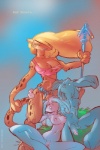 2:3 anthro breasts cheetah clothed clothing digital_media_(artwork) english_text felid feline female genitals group lagomorph leporid male mamabliss mammal melee_weapon nipples nude penis polearm pussy rabbit sitting skimpy spear spots standing step_pose tail text weapon