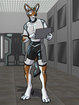 anthro bottomwear clothing digitigrade latex male science_fiction shirt shorts solo standing tablet_computer topwear jakkal animate_inanimate canid canine canis jackal living_latex mammal 3:4