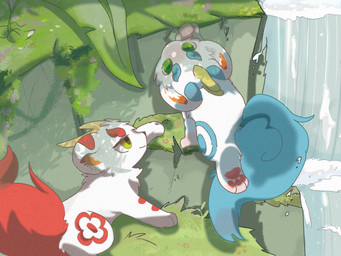 ambiguous_gender blue_body blue_fur cheek_tuft chest_tuft climbing detailed_background duo facial_tuft feral fluffy fluffy_tail fur fur_markings grass green_eyes horn inner_ear_fluff looking_at_another markings multicolored_body multicolored_fur pawpads paws plant red_body red_fur rock round_ears smile stone_wall tail tuft two_tone_body two_tone_fur wall_(structure) waterfall white_body white_fur moumaoyibai asian_mythology chinese_mythology east_asian_mythology fabulous_beasts fenz_(studio) mythology bixie_(fabulous_beasts) tianlu_(fabulous_beasts) mythological_creature pixiu 4:3 colored hi_res brother_(lore) brothers_(lore) sibling_(lore)