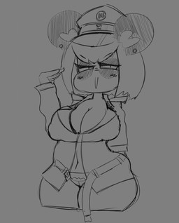 animal_ears anthro belt big_breasts blush breasts cleavage clothed clothing cropped_legs female gesture hair half-closed_eyes hand_behind_back hat headgear headwear huge_breasts jacket narrowed_eyes navel nazi_uniform panda_ears panties peaked_cap salute short_hair solo topwear underwear uniform unzipped wide_hips zipper urbanica praya_the_panda bear giant_panda mammal greyscale hi_res monochrome sketch