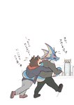 anthro blush chibi duo hotel hug hugging_another hugging_from_behind male male/male tail text ryuuuta_200315 lifewonders live_a_hero mythology dog_operator hydoor protagonist_(live_a_hero) dragon mythological_creature mythological_scalie scalie absurd_res hi_res japanese_text