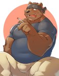 anthro blush bodily_fluids bottomwear brown_body bulge clothing kemono male mature_male overweight overweight_male pants shirt simple_background smoking solo sweat topwear seikeikei2015 bear mammal 2021 hi_res