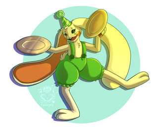 3_toes anthro black_eyes button_(fastener) clothing cymbals facial_markings fangs feet fur fur_markings green_circle green_clothing green_hat green_headwear green_overalls hat head_markings headgear headwear holding_object looking_at_viewer male markings musical_instrument open_mouth orange_pawpads overalls party_hat pawpads percussion_instrument scut_tail short_tail shortalls simple_background smile solo standing tail teeth text toes white_background yellow_body yellow_fur young young_anthro young_male tasseya mob_entertainment poppy_playtime bunzo_bunny animate_inanimate lagomorph leporid living_toy mammal rabbit 2025 absurd_res digital_drawing_(artwork) digital_media_(artwork) hi_res signature url watermark