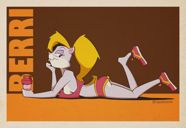 anthro blonde_hair border bottomwear breasts buckteeth butt clothing countershade_butt countershade_face countershade_feet countershade_neck countershade_torso countershading crop_top cropped_tank_top feet female footwear fur grey_body grey_fur hair high_ponytail hotpants loose_footwear lying on_front pink_bottomwear pink_clothing pink_crop_top pink_footwear pink_inner_ear pink_nose pink_shirt pink_shoes pink_shorts pink_sneakers pink_tank_top pink_topwear ponytail purple_eyelids shirt shoe_dangle shoes shorts side_boob sneakers solo tank_top teeth topwear white_body white_border white_countershading white_fur squibbleink conker's_bad_fur_day rareware berri ground_squirrel mammal rodent sciurid 2023 absurd_res hi_res