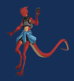 3_toes 4_eyes 4_fingers anthro bottomwear claws clothing countershading digitigrade feet female fingers flat_chested harness horn jacket jacket_around_waist light multi_eye pupils red_body red_scales scales shirt shorts slit_pupils smile solo tail tan_body tan_countershading tank_top toes topwear yellow_eyes lumen_fox lilen alien reptile scalie absurd_res alpha_channel hi_res lighting shaded