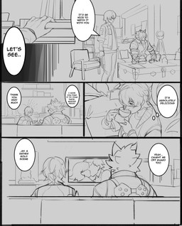 anthro awkward_moment bangs black_nose blush blush_lines bodily_fluids butler butler_outfit chair chest_(container) chest_harness claws clothing comic_panel container cup dialogue duo electronics embarrassed eye_patch eyewear finger_claws fluffy fluffy_chest formal_clothing formal_wear furniture hair hair_over_eye harness inner_ear_fluff kissing larger_anthro long_bangs long_pants long_sleeve_shirt male movie_night muzzle_(object) on_sofa one_eye_obstructed rolled_up_sleeves saucer_(dish) simple_background sitting sitting_on_sofa size_difference sofa speech_bubble sweat sweatdrop tea_cup television text thought_bubble tuft vy_feehily mihoyo zenless_zone_zero von_lycaon wise_(zenless_zone_zero) canid canine canis human mammal wolf black_and_white comic english_text hi_res monochrome