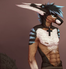 abs anthro clothed clothing collar cross fur hair jewelry looking_at_viewer male necklace nipples solo topless zumjakal canid canine mammal hi_res