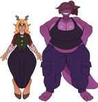 anthro arachnoid888 belly belly_overhang big_breasts blush bottomwear breasts cargo_pants clothed clothing colored deer deltarune digital_drawing_(artwork) digital_media_(artwork) duo female female/female hi_res huge_breasts long_skirt mammal monster navel new_world_deer noelle_holiday overweight overweight_female pants reindeer scalie shirt simple_background size_difference skirt slightly_chubby slightly_chubby_female smile standing susie_(deltarune) tank_top thick_thighs topwear undertale_(series) wide_hips