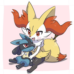 ambiguous_gender anthro black_body blue_body blush bottomwear chest_spike chest_tuft chibi clothing duo ear_tuft looking_at_another pseudo_clothing red_eyes sitting sitting_together size_difference skirt smile spiked_knuckles spikes spikes_(anatomy) stick_in_tail tail tuft white_body yellow_body noye nintendo pokemon braixen generation_4_pokemon generation_6_pokemon lucario pokemon_(species) 1:1 2025 digital_drawing_(artwork) digital_media_(artwork) hi_res