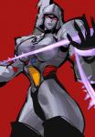 big_butt breasts butt crossgender decepticon female looking_at_viewer machine not_furry red_background red_eyes simple_background smile smirk solo standing thick_thighs weapon whip wide_hips pydiyudie hasbro takara_tomy transformers megatron cybertronian humanoid robot robot_humanoid digital_media_(artwork)