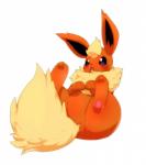 ambiguous_gender belly blush featureless_crotch feral fluffy fluffy_tail fur legs_up lying on_back open_mouth orange_body orange_skin paws pink_paws purple_eyes simple_background solo tail thick_thighs white_background xmu nintendo pokemon eeveelution flareon generation_1_pokemon pokemon_(species) 2017 absurd_res hi_res