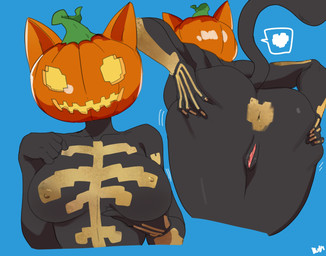 5_fingers anthro anus areola biped black_body black_tail bodysuit bone breasts butt clothing female fingers for_a_head front_view genitals hand_on_butt hand_on_own_butt hand_under_breast jack-o'-lantern markings nipples nude nude_anthro nude_female orange_head pumpkin_head rear_view simple_background skeleton skeleton_(marking) skinsuit solo standing tail tight_clothing vulva buta99 epic_games fortnite fortnite:_battle_royale spice_(fortnite) domestic_cat felid feline felis mammal object_head 2025 absurd_res digital_drawing_(artwork) digital_media_(artwork) hi_res