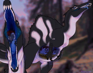 abdominal_bulge blue_eyes blue_internal blue_tongue bodily_fluids claws digestion drooling duo feral long_neck male male/male mouth_shot neck_bulge open_mouth organs rumbling_stomach saliva saliva_on_tongue saliva_string scutes sharp_teeth stomach stomach_acid swallowing tail teeth tongue tongue_out vore hakkerman angel_(bloodshotgemini) sorrel_(sorrelbirdy) dinosaur dromaeosaurid prehistoric_species reptile saurischian scalie spinosaurid spinosaurus theropod utahraptor hi_res