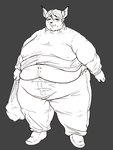 anthro belly bodily_fluids claws clothed clothing double_chin fat_rolls fur hair heat_(temperature) holding_bag holding_object love_handles male moobs morbidly_obese morbidly_obese_anthro morbidly_obese_male obese obese_anthro obese_male overheated overweight overweight_anthro overweight_male solo standing sweat sweatdrop thick_thighs tongue tongue_out wide_hips jirobas caracal caracal_(genus) felid feline mammal black_and_white monochrome