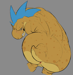 anthro anus balls big_butt blue_hair blush butt genitals hair huge_butt male nude smile solo spots yellow_body mono-fur halo_(series) microsoft xbox_game_studios kiggy alien kig-yar ruuhtian scalie digital_media_(artwork)