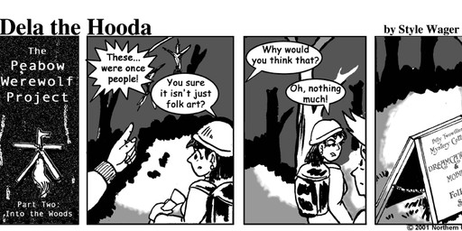 backpack breasts clothed clothed_female clothed_male clothing dialogue duo female flashlight hair male outside text style_wager dela_the_hooda dave_(dela_the_hooda) human mammal 2001 comic english_text greyscale monochrome