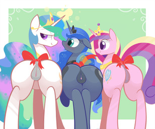 accessory animal_genitalia animal_vulva anus blue_body blue_fur blue_hair blush bow_(feature) bow_accessory bow_ribbon butt clitoral_winking clitoris crown cutie_mark equine_genitalia equine_vulva female feral fur furgonomics genitals green_eyes green_hair group hair headgear horn long_hair looking_at_viewer looking_back magic multicolored_hair pink_body pink_fur pink_hair presenting presenting_hindquarters puffy_anus purple_eyes purple_hair rear_view ribbons smile tail tail_accessory tail_bow tail_ribbon take_your_pick two_tone_hair vulva white_body white_fur b-epon friendship_is_magic hasbro my_little_pony mythology princess_cadance_(mlp) princess_celestia_(mlp) princess_luna_(mlp) equid equine mammal mythological_creature mythological_equine unicorn 2014 absurd_res hi_res