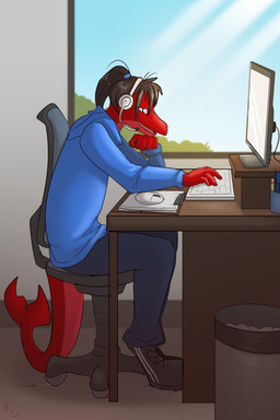 anthro biped black_bottomwear black_clothing black_pants blue_clothing blue_hoodie blue_topwear bottomwear brown_hair chair clothed clothing computer_keyboard computer_monitor computer_mouse countershade_face countershade_torso countershading fin furniture hair hoodie looking_at_object looking_at_screen male multicolored_body multicolored_skin on_chair open_mouth pants ponytail red_body red_skin side_view sitting sitting_on_chair solo tail tail_fin tan_body tan_countershading tan_skin tongue topwear two_tone_body two_tone_skin fuf ambiguous_species aquatic species_request 2018 2:3 hi_res