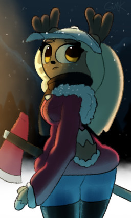 anthro antlers axe ballcap blonde_hair boots bottomwear breasts brown_body brown_eyes brown_fur clothing cold denim denim_bottomwear denim_clothing eyelashes female fluffy footwear freckled_face freckles fur gloves hair handwear hat headgear headwear holding_object horn jacket jeans long_boots long_eyelashes looking_aside looking_back mountain night outside pants plant ponytail rear_view red_clothing red_jacket red_topwear scarf shoes snow snowing solo tail text topwear tree winter zipper guak nora_ashford deer mammal moose new_world_deer 3:5 hi_res
