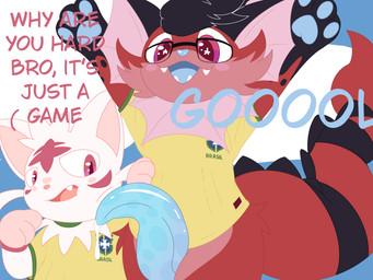 black_paws blue_mouth blue_nose blue_pawpads blue_penis blush brazil clothing eyewear fin frill_(anatomy) fur genitals glasses looking_at_genitalia male markings open_mouth pawpads penis pink_body pink_fur raised_hand red_body red_eyes red_fur red_mouth red_tail slit_penis star_eyes striped_markings striped_tail stripes tail tail_markings tapering_penis text two_tone_tail uniform white_body white_fur white_paws world_cup razuneku brazil_national_football_team fifa nintendo pokemon liv_retro_(vaporeon) neku_(razuneku) domestic_cat eeveelution felid feline felis generation_1_pokemon mammal pokemon_(species) vaporeon 2026 4:3 absurd_res hi_res