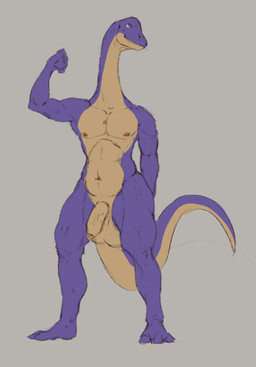 anthro balls big_balls flaccid foreskin front_view genitals green_eyes grey_background humanoid_genitalia humanoid_penis long_neck looking_at_viewer male mouth_closed muscular muscular_anthro muscular_male navel nipples nude pecs penis purple_body simple_background solo standing tail tan_balls tan_body tan_penis unretracted_foreskin unsigned vein veiny_penis upai dinosaur prehistoric_species reptile sauropod sauropodomorph scalie full-length_portrait hi_res portrait