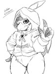 3:4 accessory ambiguous_gender anthro bandai_namco beak bottomless claws clothed clothing digimon digimon_(species) hawkmon headband hood hoodie looking_at_viewer monochrome one_eye_closed simple_background sketch smile solo topwear white_background winick-lim wink