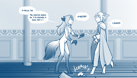 anthro armor barefoot breasts cape casual_nudity chest_tuft clothed clothing collar collar_only cuff_(restraint) dialogue digitigrade duo featureless_breasts feet female gloves_(marking) greeting headgear helmet inside leg_markings male markings nude pauldron restraints shackles slave small_breasts socks_(marking) surprised text tuft conditional_dnp tom_fischbach twokinds keith_keiser laura_(twokinds) basitin canid canine fox keidran mammal red_fox true_fox 2021 7:4 adobe_photoshop_(artwork) blue_and_white digital_media_(artwork) english_text hi_res monochrome sketch story story_in_description