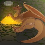 anthro anus brown_body cave female genitals gold_(metal) horn long_nails paws pussy sassy scales smile solo tail text thick_tail wide_hips wings toukka european_mythology mythology dragon mythological_creature mythological_scalie scalie western_dragon 1:1 tagme