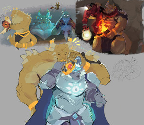 4_fingers anthro armor black_claws black_clothing black_nose black_sclera black_underwear blue_claws blue_sclera bottomwear carrying_another carrying_partner claws clothing crown eye_contact eyes_closed facial_piercing fingers fur grey_body grey_fur group headgear horn jewelry kissing lamp lantern loincloth looking_at_another looking_at_partner looking_back male male/male muscular no_irises no_pupils nose_piercing open_mouth piercing red_body red_fur scales simple_background teeth torch underwear white_claws white_eyes white_sclera yellow_body yellow_eyes yellow_scales yellow_skin tarusaki don't_starve klei_entertainment wortox imp 2026 absurd_res digital_drawing_(artwork) digital_media_(artwork) hi_res shaded