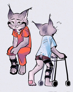 anthro clothing disability fur green_eyes grey_body grey_fur leg_brace male medical_instrument orange_clothing pawpads paws prison prison_uniform recovering scientific_instrument solo uniform walker g1evut_(artist) disney zootopia pawbert_lynxley canada_lynx felid feline lynx mammal hi_res