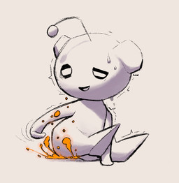 ambiguous_gender antennae_(anatomy) anthro bodily_fluids fanning fart fart_cloud motion_lines open_mouth open_smile orange_fart_cloud raised_leg simple_background sitting smile solo sweat sweatdrop white_background white_body white_eyes jubb reddit snoo alien 2021 digital_media_(artwork) signature