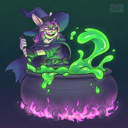 anthro belt breasts cape cauldron clothing female fingerless_gloves fire gloves green_background hair handwear hat headgear headwear holidays magic_user open_mouth pink_eyes pink_hair simple_background slime smile solo witch witch_hat taffywabbit halloween soleil_(keffotin) lagomorph leporid mammal rabbit 1:1 2024 digital_media_(artwork) hi_res trans_(lore) trans_woman_(lore)