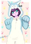 anthro blue_body blue_fur blush blush_lines border clothing confusion female fur glitter green_eyes hair headgear holidays lace monotone_background onesie parody paws purple_body purple_fur purple_hair simple_background solo white_border wolfelliza april_fools'_day onimai:_i'm_now_your_sister! zianya_(wofelliza) canid canine canis mammal wolf hi_res