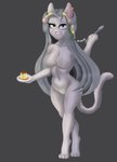 anthro breasts dessert ear_piercing ear_ring featureless_breasts featureless_crotch female food fur nude piercing plate pudding ring_piercing simple_background solo white_body white_fur wenqu0304 lena_(wenqu0304) domestic_cat felid feline felis mammal absurd_res hi_res