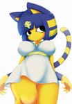 2020 5_fingers absurd_res animal_crossing ankha_(animal_crossing) anthro ashraely big_breasts blue_hair breasts clothed clothing digital_media_(artwork) dress egyptian felid feline female fingers fur genitals hair hi_res huge_breasts jewelry mammal nintendo no_underwear pussy simple_background solo thick_thighs uraeus wide_hips yellow_body yellow_fur