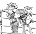 anthro bottomwear breasts butt cleavage clothed clothing cowboy cowboy_hat cowgirl_outfit crop_top daisy_dukes denim denim_bottomwear denim_clothing denim_shorts female female/female hat headgear headwear hotpants jacket jeans leather leather_clothing leather_jacket leather_topwear looking_at_viewer looking_back midriff pants shirt shorts tail tight_bottomwear tight_clothing topwear vest western western_clothing francisthefurry kristina_(francisthefurry) lauren_(francisthefurry) bovid canid canine caprine fox goat humanoid mammal absurd_res black_and_white hi_res monochrome sketch